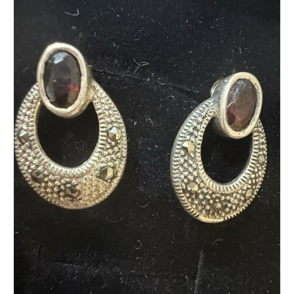 Vintage Or Art Deco Style 925 Signed GSJ Garnet and Marcasite Sterling‎ Silver